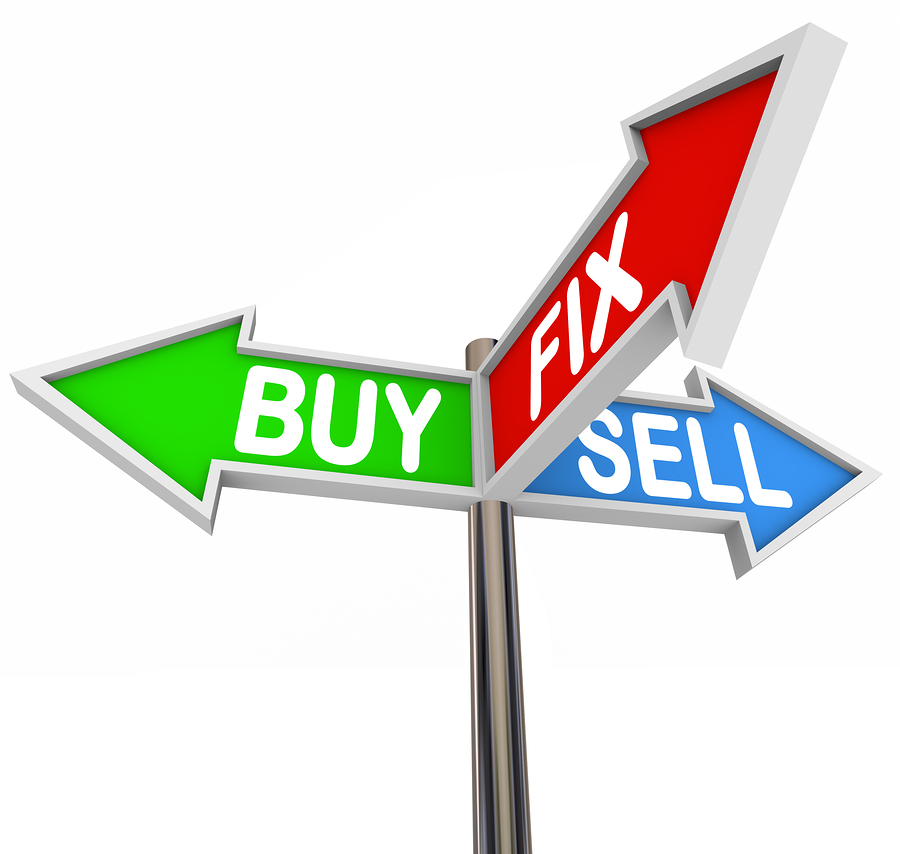 The words Buy, Fix and Sell on three arrow signs to illustrate b